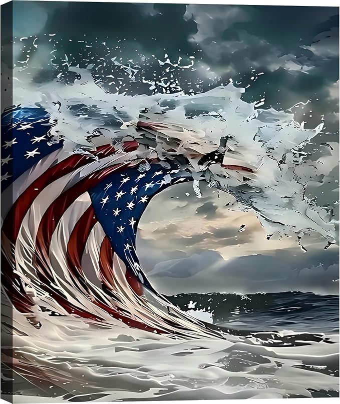 Framed American Flag Ocean Wave Wall Art, Patriotic Abstract Canvas Art Pictures, USA Flag Wall Decor, Made in USA Ready to Hang for Living Room Bar