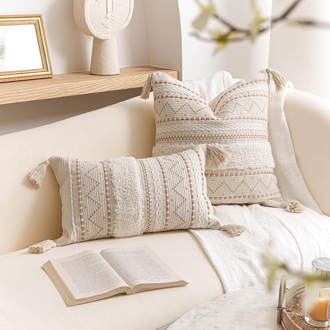 BlissBlush 20X20 Throw Pillow Cover, Cream Neutral Beige Square Decorative Cushion Cover, Boho Accent Pillowcase with Tufted Details and Tassels for Couch Sofa Living Room (Cover Only)