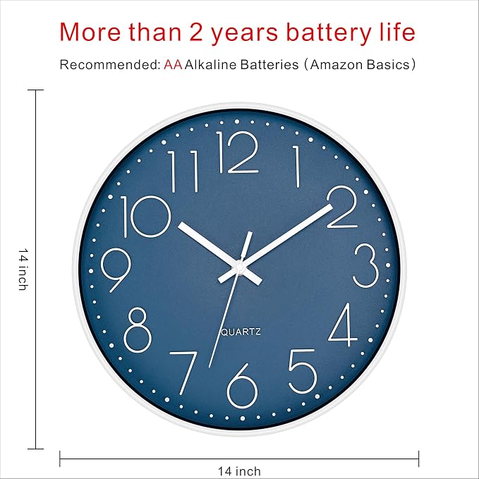Foxtop Large 14" Wall Clock Silent Battery Operated Analog Clock, Cerulean | Non-Ticking, Round, Quartz, Easy to Read, Living Room, Bedroom, Kitchen, Office