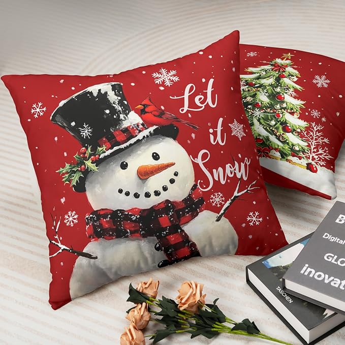Red Christmas Pillow Covers Snowman Throw Pillow Covers Xmas Tree Pillow Case 20x20 Winter Snowflakes Cotton Blend Cushion Case for Holiday Decor Couch Sofa 2 Pack