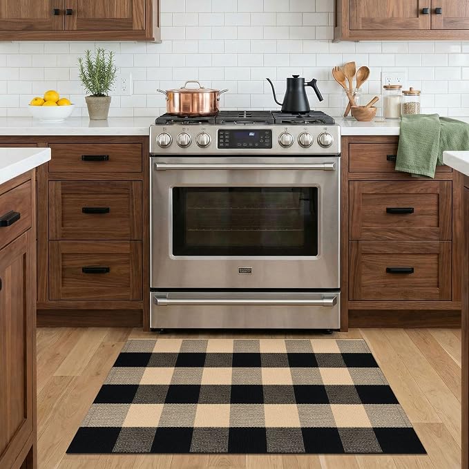 KOZYFLY Buffalo Plaid Area Rugs 2x3 Ft Brown and Black Rug Front Door Mat | Washable Front Door Mat, Woven Cotton Outdoor Rug, Indoor Small Checkered Rug for Front Porch Kitchen Entryway Patio