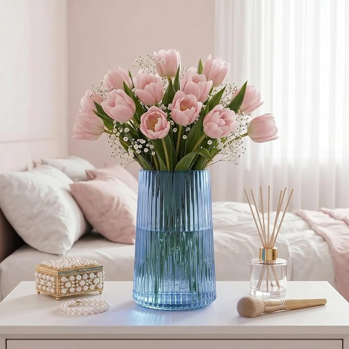 Blue Glass Vase for Flower, Flower Vase for Bouquet, Modern Glass Vases, Ribbed Vases for Living Room, Bedroom, Dining Table, Office, Wedding, Centerpieces, 8 Inches