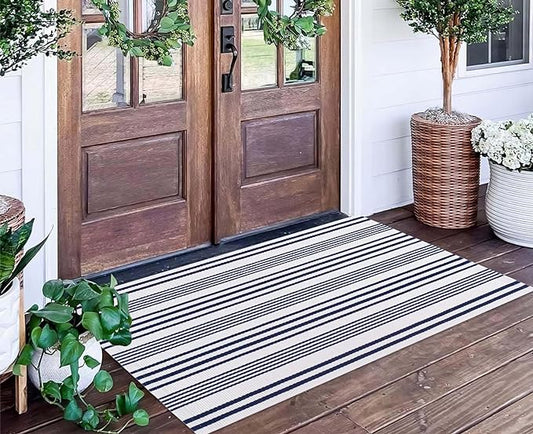 Blue and White Outdoor Rug 24'' x 51''Front Porch Rug Hand-Woven Machine Washable Indoor Layered Door Mats for Entryway/Bedroom