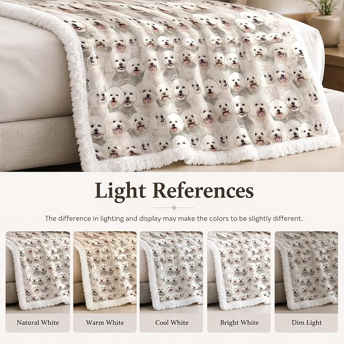 BlessLiving Throw Blanket, White Dog Animal Gift, 50x60 in | sherpa fleece fabric, Bichon Frise Dense Pet Blankets Puppy print, for couch or sofa, pet lovers, easy machine care