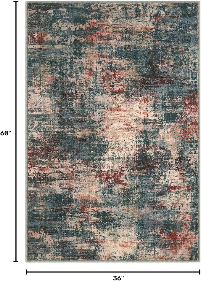 Lansny Abstract Washable Entryway Rug 3x5 Area Rug Non Slip Kitchen Rugs | Red/Multi;Thin Printed Faux Wool Door Mat;Small Rugs;Front Door Rug;Indoor Entry Rug;Rubber Backed Floor Carpet;Throw Rugs