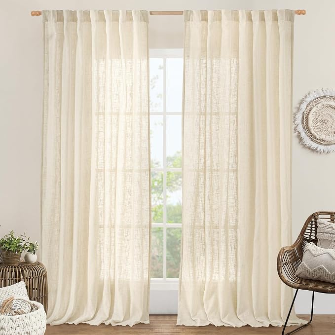 95 Inch Long Semi Sheer Linen Curtains for Living Room 2 Panels Set | Light Filtering, Semi Sheer Panels, Rod Pocket Back Tab, Neutral Panels for Sliding Glass Door, 60 x 95 Inch, Beige