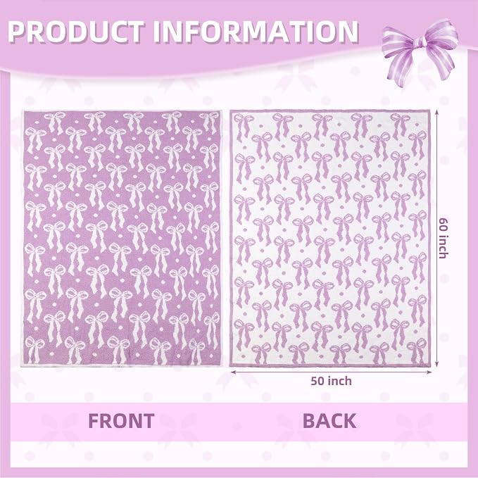 Buryeah Purple Bow Blanket Soft Microfiber Double Sided Bow Throw Blanket 50"x 60" Coquette Aesthetic Dormitory Room Decor Plush Sofa Chair Bedding Stuff for Women, Christmas Fall Thanksgiving Gifts