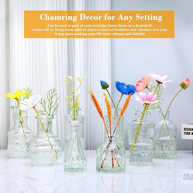 Clear Flower Vase Set, Glass Bud Vase in Bulk Set of 8 | Artistic and Cultural Flavor Mini Vases for Home Office Decor, Bedroom, Office, Small Vases Living Room Decorations,Wedding