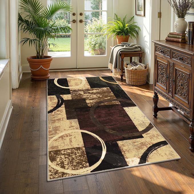 Yamaziot 3x5 Washable Modern Abstract Area Rug Non-Slip Entryway Rug | Stain Resistant Kitchen Rug with Rubber Backing, Low Pile, Ultra Soft Carpet Rug for Bedroom, Laundry, Entryway, Brown