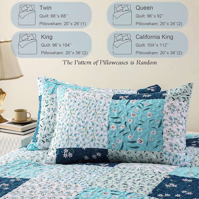 Whale Flotilla Patchwork Quilt King Size, Extra Soft Floral Bedspreads | Blue Reversible Lightweight King Quilt Bedding Set for Bed, Printed Coverlets with 2 Pillow Shams for All Seasons