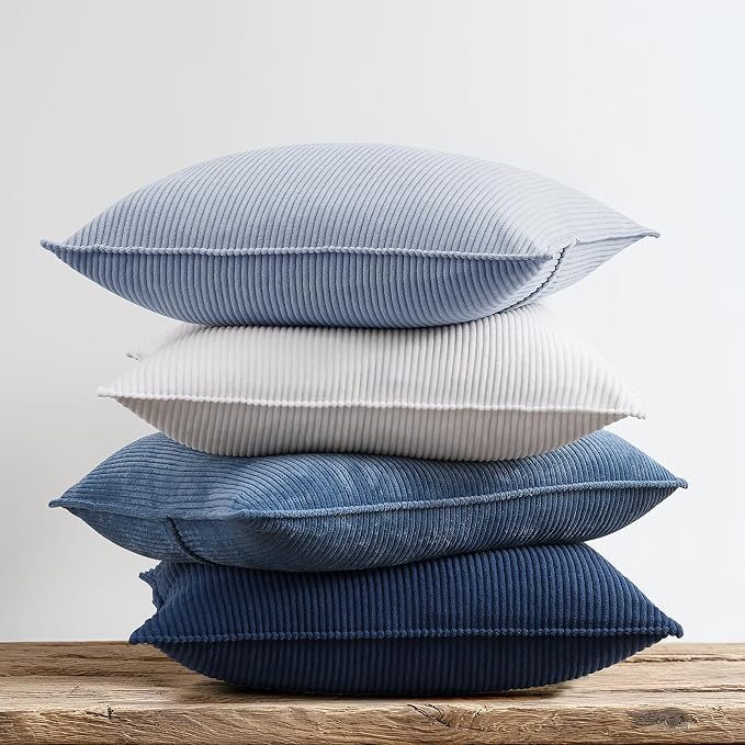 Pack of 4 Throw Pillow Covers Corduroy 20x20 Inch,Blue | Decorative Velvet Couch,Summer Cases Square,Farmhouse Boho Cushion Covers for Sofa Bed Living Room Home Decor & Office