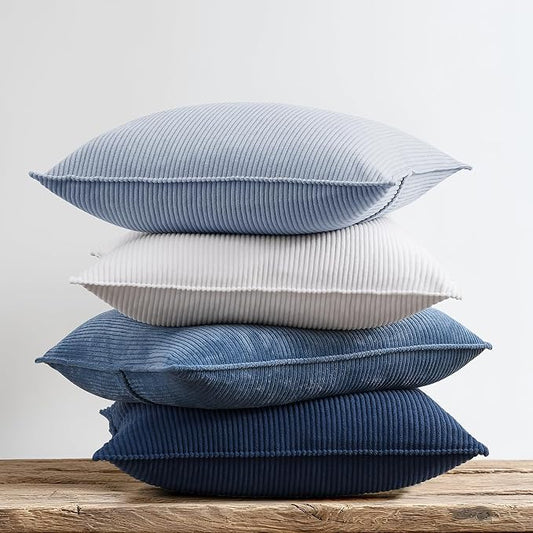 Pack of 4 Throw Pillow Covers Corduroy 20x20 Inch,Blue | Decorative Velvet Couch,Summer Cases Square,Farmhouse Boho Cushion Covers for Sofa Bed Living Room Home Decor & Office
