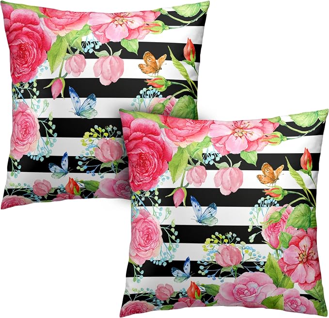 Spring Summer Pillow Covers 24x24 Set of 2 Rose Throw Pillow Covers Butterfly Flowers Pillow Case Black Stripes Cotton Blend Cushion Case for Home Decor Couch Sofa