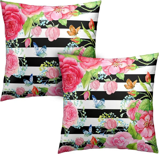 Spring Summer Pillow Covers 18x18 Set of 2 Rose Throw Pillow Covers Butterfly Flowers Pillow Case Black Stripes Cotton Blend Cushion Case for Home Decor Couch Sofa