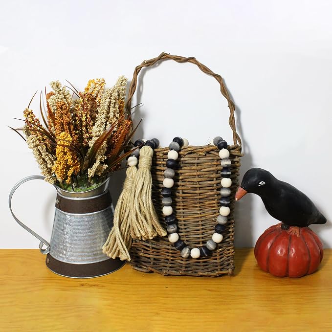 CVHOMEDECO. Wood Beads Garland with Tassels Farmhouse Rustic Wooden Prayer Bead String Wall Hanging Accent for Home Festival Decor. Black Grey Mix Distressed