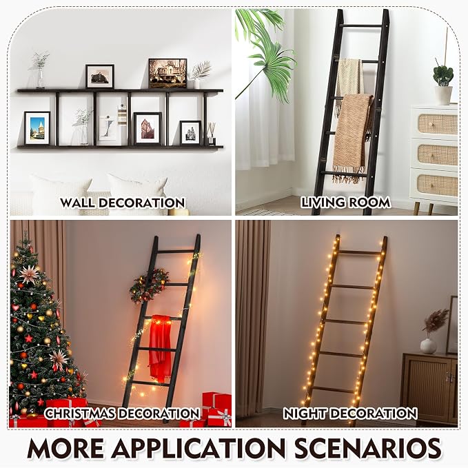 XLHOMO 5-Tier Wooden Blanket Ladder, 63" Rustic Leaning Blanket Rack for Living Room, Decorative Quilt and Towel Holder for Bedroom Bathroom Farmhouse Home Decor, Black