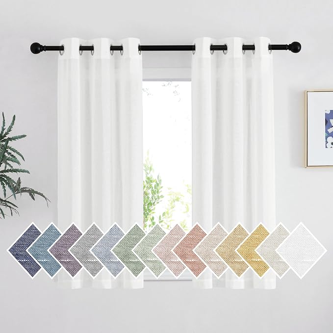 NICETOWN Short Linen Curtains for Kids Room 48 inches Long, Grommet Flax Semi Sheer Window Treatments Privacy with Light Filtering for Bedroom/Bathroom, Ivory, 2 Panels, W36 x L48