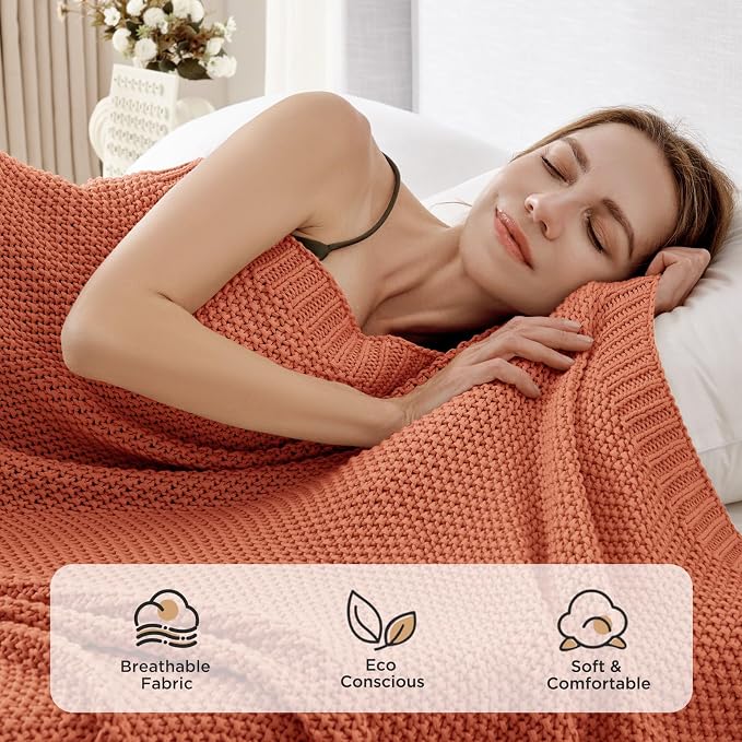Joydeco Chunky Cable Knit Throw Blanket, Lightweight 100% Cotton Soft Cozy Throw Twin Blanket for Couch Bed and Sofa, Rustic Breathable Farmhouse Blanket Gift for Women Men(Burnt Orange, 60"x80")