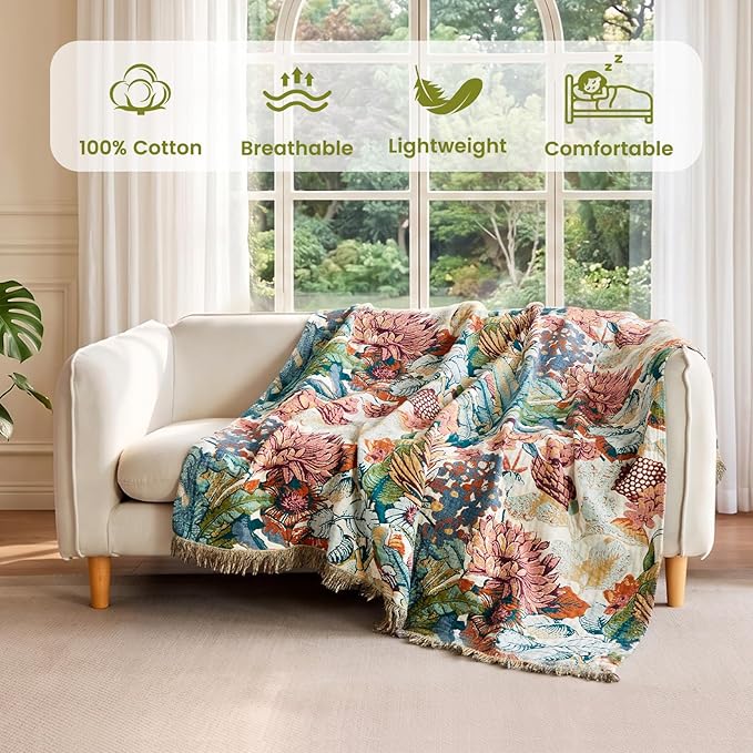 MSGKV Boho Throw Blanket 60"x80" 100% Cotton Blanket for Couch Bed Decor | 100% Cotton Throw, Muslin Blanket, Summer Breathable, Lightweight Comfort, Farmhouse Home Decor, Machine Washable