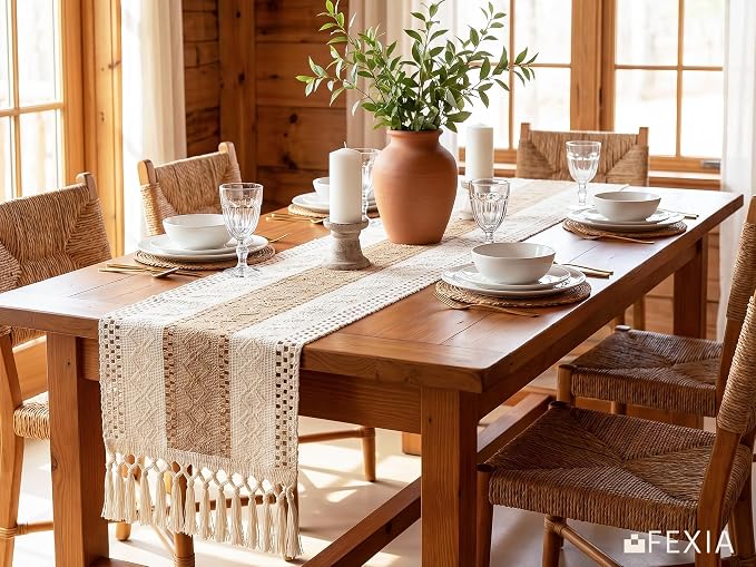 FEXIA Boho Table Runner 12x72 for Fall Home Decor Tassels Dresser Runner | 72 Inches Long Modern Farmhouse Rustic Burlap Table Decoration for Bedroom Living Dining Room Baby Shower Autumn Decor