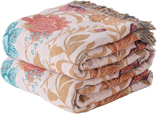 Phuryllic Boho Throw Blanket Throw Size, Soft Cozy Cotton Muslin Quilt Blanket for Bed Decor, Floral Patterned Couch Sofa Chair Cover, Vintage Farmhouse Cottage Tapestry Woven Blanket, Coral&Green
