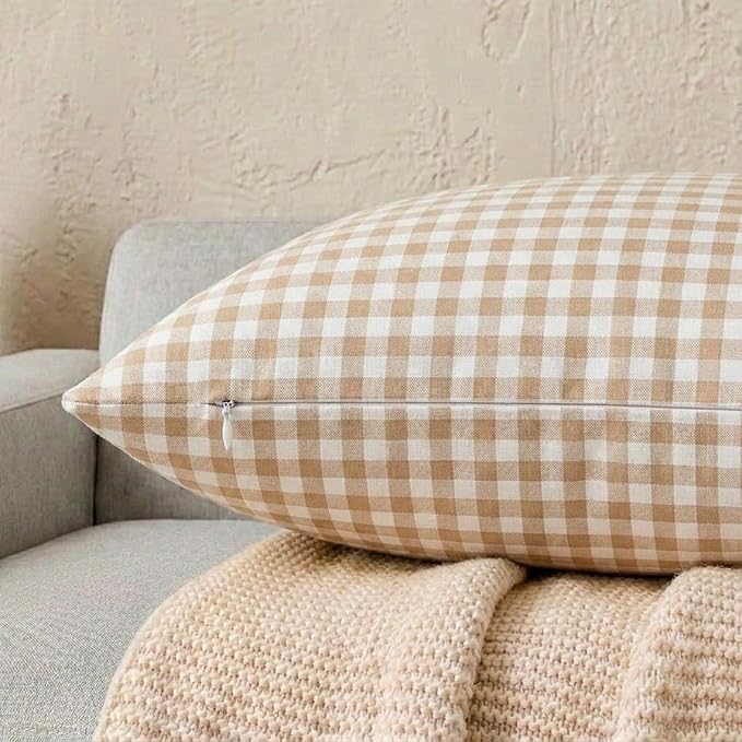 CARRIE HOME Brown Gingham Checkered Throw Pillow Covers 18x18 Set of 2, Neutral Modern Farmhouse Dark Brown Khaki Outdoor Pillows 18 x 18 for Porch Patio Furniture (No Pillow Inserts)