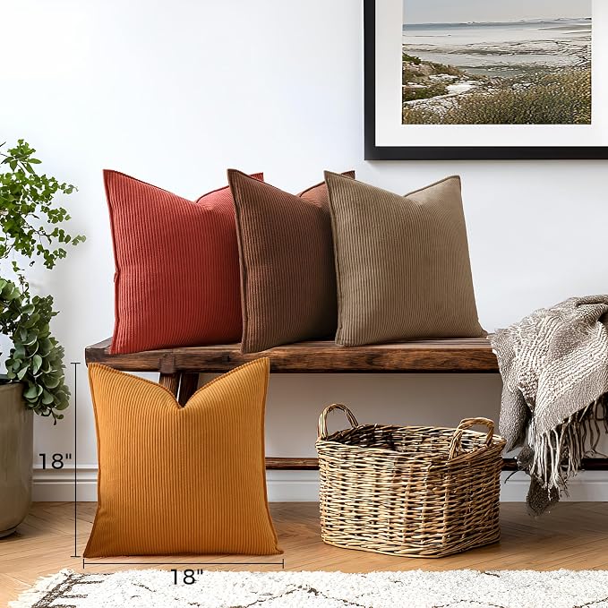 Pack of 4 Throw Pillow Covers Corduroy 18x18 Inch,Maillard Tones | Decorative Velvet Couch,Summer Cases Square,Farmhouse Boho Cushion Covers for Sofa Bed Living Room Home Decor & Office