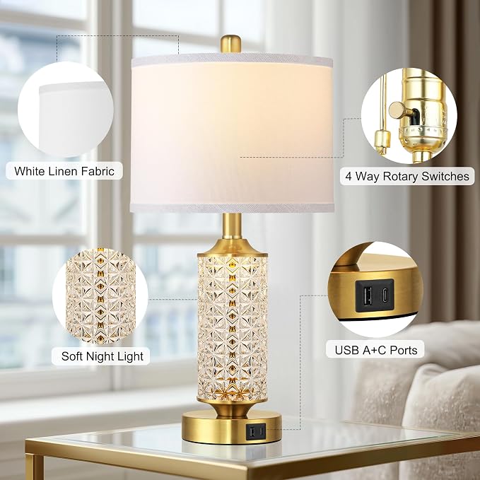 QiMH Gold Glass Table Lamps Set of 2, Nightstand Lamps for Living Room