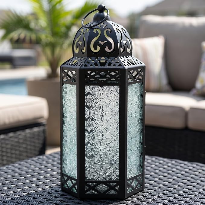 Vela Lanterns Decorative Indoor Candle Holder Table Centerpieces - Moroccan Hanging Outdoor Patio & Porch Home Decor, Turkish Lamp for Wedding, Ramadan (Large 12", Clear Glass)