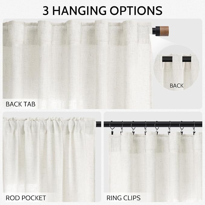 Neutral Linen Curtains 120 Inches Long for Living Room Linen Sheer Curtain Back Tab Coastal Modern Farmhouse Floor to Ceiling Drapes for Bedroom Office High Window 52x120, 2 Panels