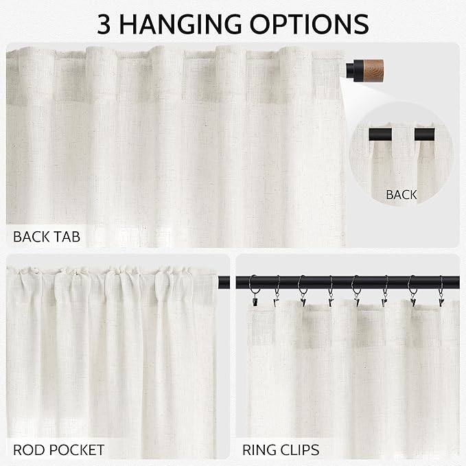 Neutral Linen Curtains 72 Inches for Living Room Light Filtering Semi Sheer Curtains Coastal Modern Farmhouse Decor Drapes for Bedroom Office Back Tab and Rod Pocket 52x72, 2 Panels
