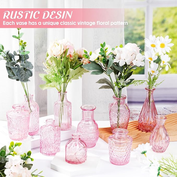 Inbagi 20 Pcs Glass Bud Vase Set - Pink Small Flower Vases Bulk, Vintage Embossed Decorative Bottles for Wedding Valentine Home Table Centerpieces Decor