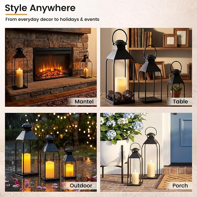 Decorative Metal Lanterns Indoor Outdoor, Set of 3 Outdoor Candle Holder | Candle Holder for Porch, Patio, Fireplace, Floor, Wedding & Christmas, Party Decoration, Holiday Table Centerpiece