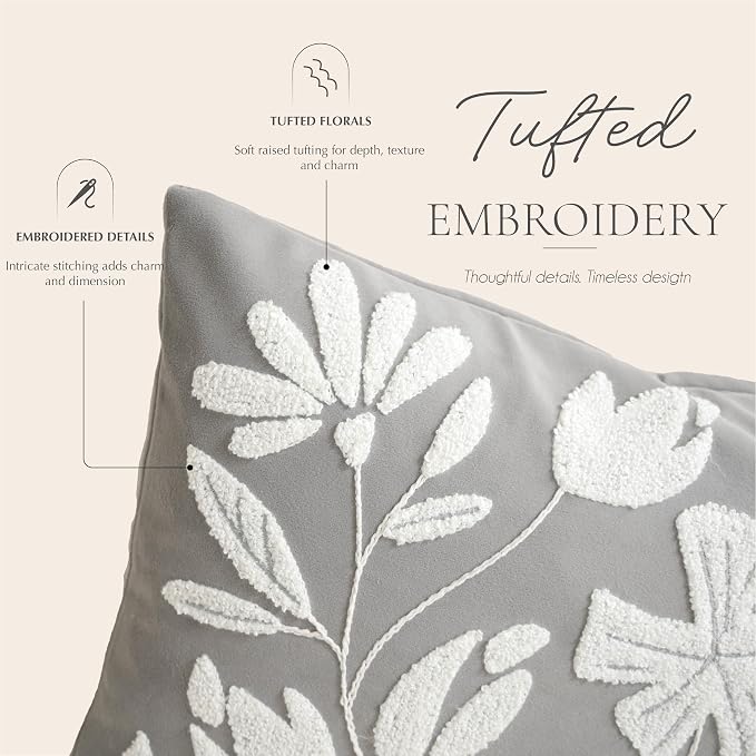 BlissBlush Lumbar Pillow Cover 12x20 Inch, Light Gray Floral Tufted Velvet Decorative Accent Pillow Case for Sofa Bed Living Room, Cover Only