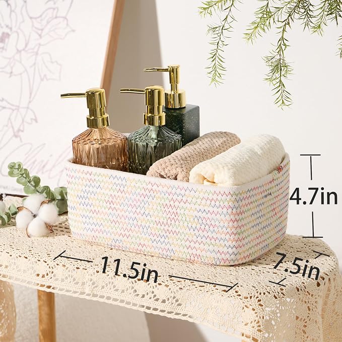 MiniArk Small Storage Baskets for Organizing | Closet Organizer Bins | Shelf Toy Basket | Woven Rope Baskets | Cube Decorative Box | Shallow Basket | 11.5x7.5x4.7” | 4 Packs Rainbow