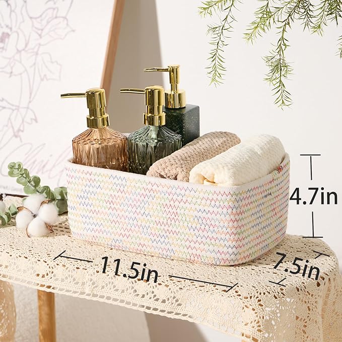 MiniArk Small Storage Baskets for Organizing | Closet Organizer Bins | Shelf Toy Basket | Woven Rope Baskets | Cube Decorative Box | Shallow Basket | 11.5x7.5x4.7” | 3 Packs Rainbow