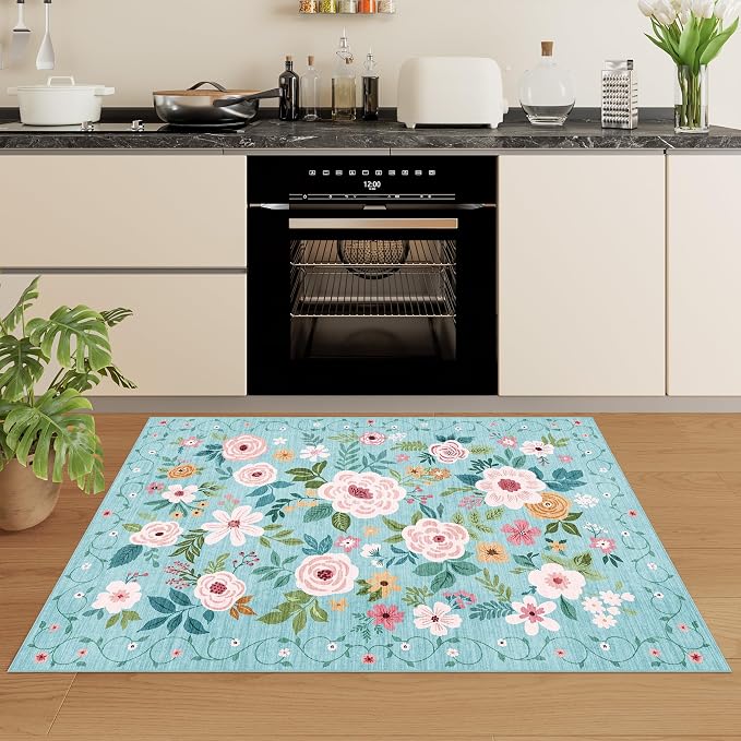 DUKINO 2x3 Entryway Rug, Floral Door Mat Soft Washable Rug Non Slip, Teal | Low Pile, Non-Shedding Small Rug for Kitchen, Entrance, Bedroom, Bathroom, Pet Friendly, Stain Resistant, Modern Home Decor