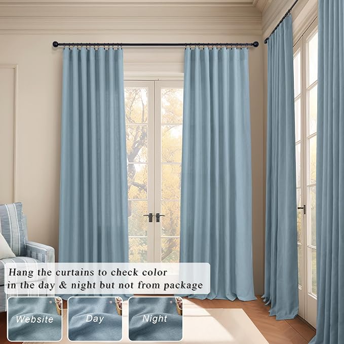 Blue Grey Curtains 96 Inches Long for Living Room Pair 2 Panel Set Back Tab Pocket Floor Length Drape Flax Linen Semi Sheer Vintage Light Blue Curtains for Dining Room Bay Window Country Farmhouse 8FT