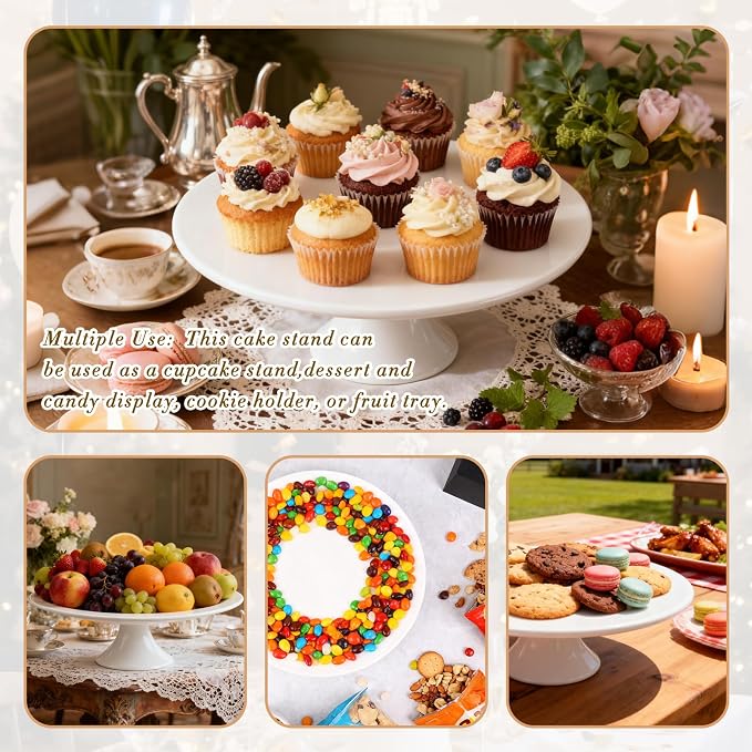 12 Inch White Porcelain Wedding Cake Stand with Knife and Server Set | Round Cake Plate Display Holder for Birthday, Baby Shower, Party Dessert Cupcake, Home Decorating Stand