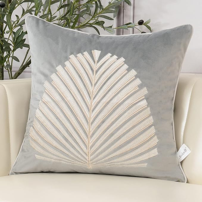 Aeckself Gray White Leaves Velvet Throw Pillow Cover 18 x 18 Inch, Embroidery Square Cushion Case with Stitched Edge Luxury Modern Decorative Farmhouse Pillowcase for Couch Living Room Bedroom