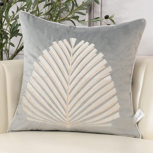 Aeckself Gray White Leaves Velvet Throw Pillow Cover 18 x 18 Inch, Embroidery Square Cushion Case with Stitched Edge Luxury Modern Decorative Farmhouse Pillowcase for Couch Living Room Bedroom