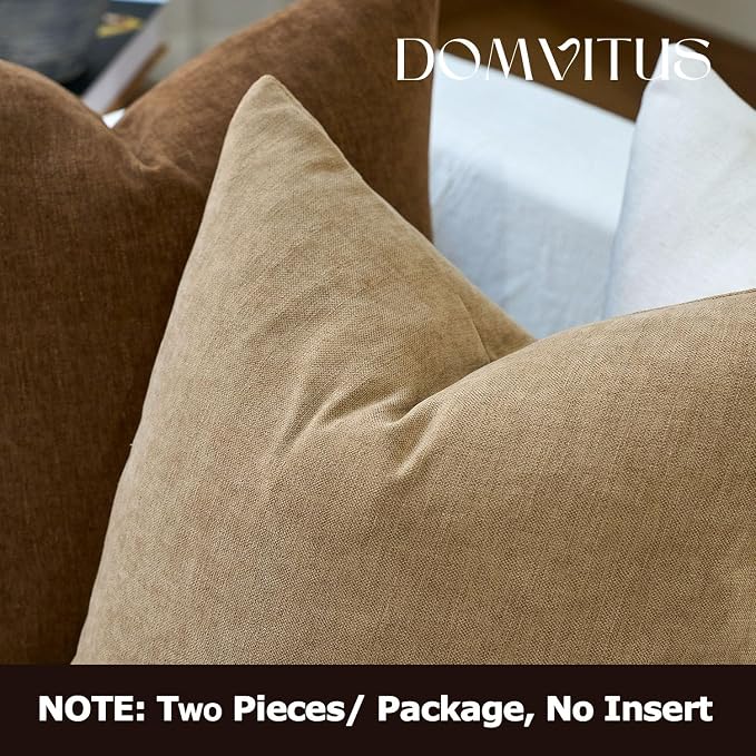 DOMVITUS Throw Pillow Covers 20x20 Pack of 2, Decorative Soft Soild Textured Accent Cushion Case, Neutral Boho Farmhouse Linen Pillow Covers for Couch Sofa Bedroom Living Room Home Decor, Khaki