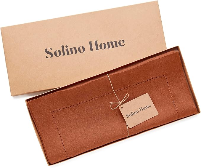 Solino Home 100% Pure Linen Table Runner Cinnamon Hemstitch, 14 x 120 in | Classic Hemstitch, brings a tailored look to family meals and hosting, hemstitched border, soft, fine, OEKO-TEX Certified