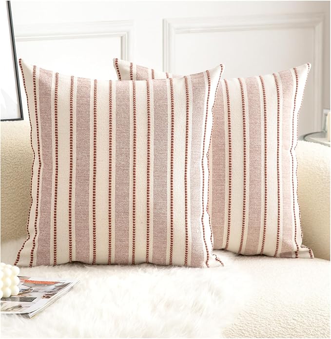 Cethom Decorative Boho Throw Pillow Covers, Farmhouse Textured Pillow Case, 18 x 18 Inch Set of 2, Chair Sofa Bedroom Living Room Home Decor Couch Cushion Case, Rust and Beige Striped