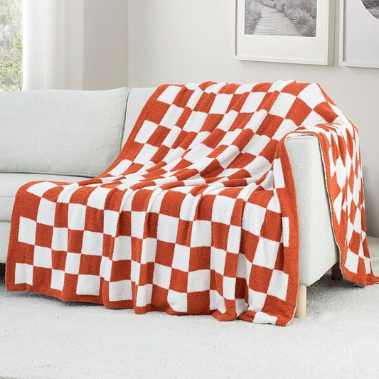 Carriediosa Checkered Throw Blanket 90x90, 400GSM Ultra Soft Microfiber | Rust, Queen, Fuzzy Fluffy Cozy Plush Knitted Plaid Checker, Lightweight Cute Preppy Fall Blankets & Throws for Couch, Bed