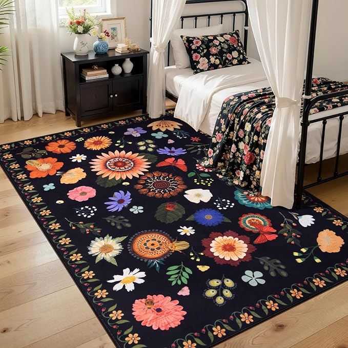 Ciicool 4x6 Washable Area Rug Floral Living Room Rugs for Bedroom Bedside | Soft Low Pile Carpet for Hallway Entryway Playroom Laundry Office Home Boho Non-Slip Black Carpets