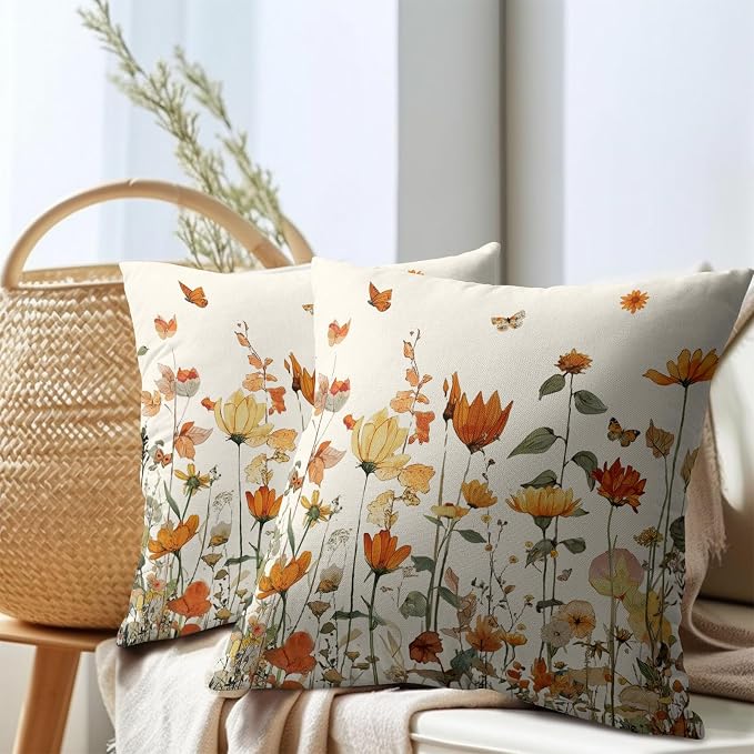 Kawani Fall Floral Pillow Covers 16x16 Inch Autumn Harvest Vintage Wildflower Outdoor Decorative Throw Pillows Set of 2 Thanksgiving Holiday Pillowcases for Couch Home Decor