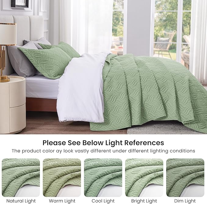 Love's cabin Quilts for Queen Bed Sage Bedspreads Bedding Set - Summer Lightweight Bedspread Comforter - Wave Pattern Bedding Coverlet for All Season - 3 Pieces (1 Quilt, 2 Pillow Shams)