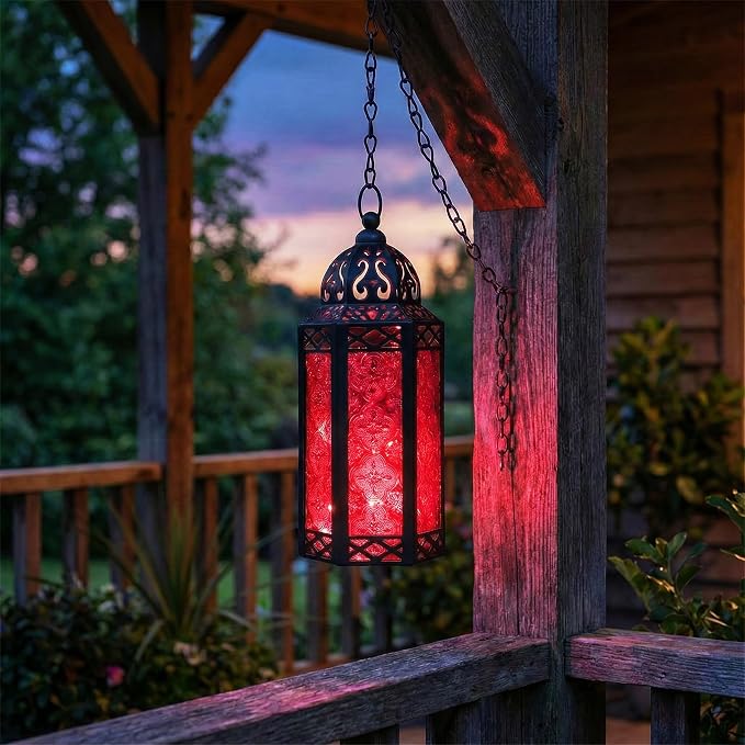 Vela Lanterns Decorative Indoor Red Gothic Fairy Light Candle Holder, M | Halloween Vampire Decor, Fantasy Witchy Whimsigoth Lamp, Moroccan Metal Hanging Flameless LED Lantern, Remote, 10.5" Tall