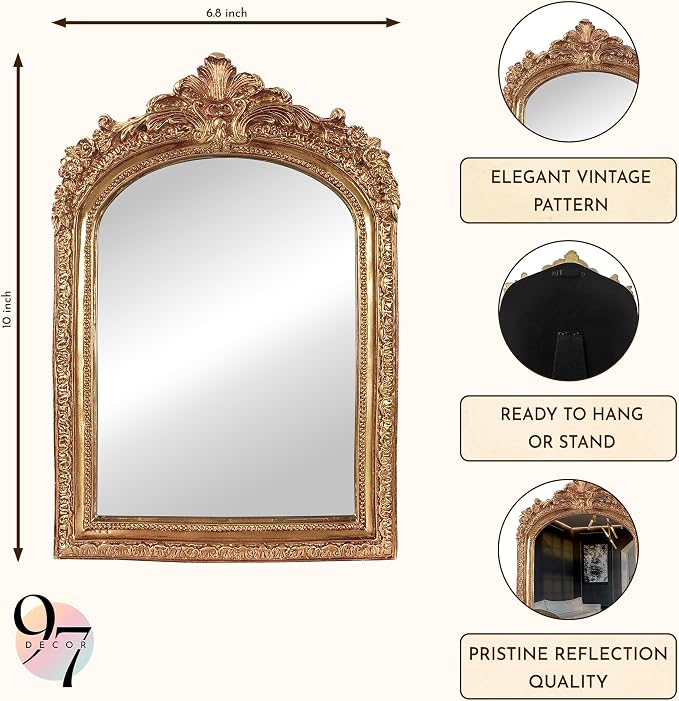 97 Decor Gold Vintage Wall Mirror - Small Gold Mirror for Tabletop and Wall Mounting, Antique Arch Frames for Desk, Small Decorative Mirrors Frame for Home Bedroom, Makeup Room Decor (10x6.8 Inch)
